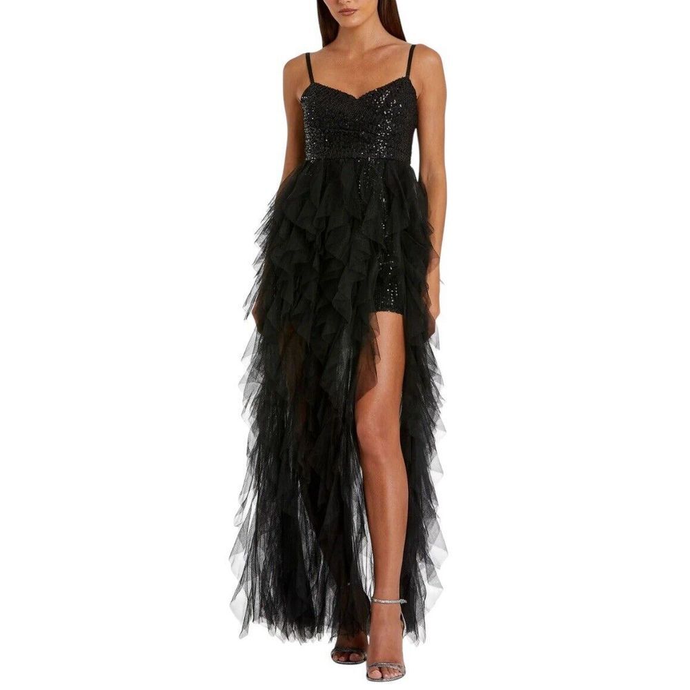 IEENA FOR MAC DUGGAL Sequin Mini with High Low‎ Ruffle Tiered Train #27119 Sz 12